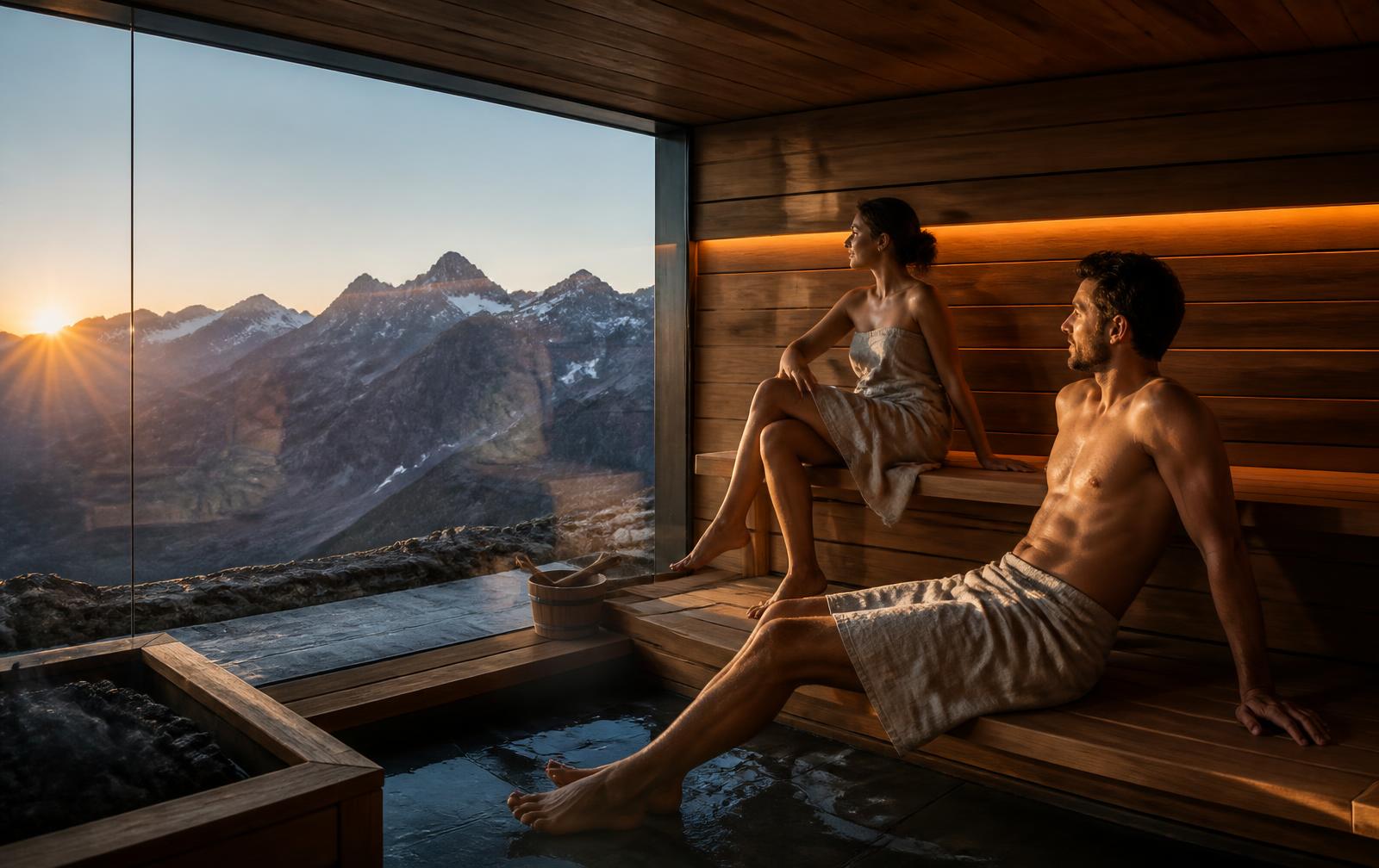 Mujer y hombre disfrutando de una sauna con vistas a las montañas