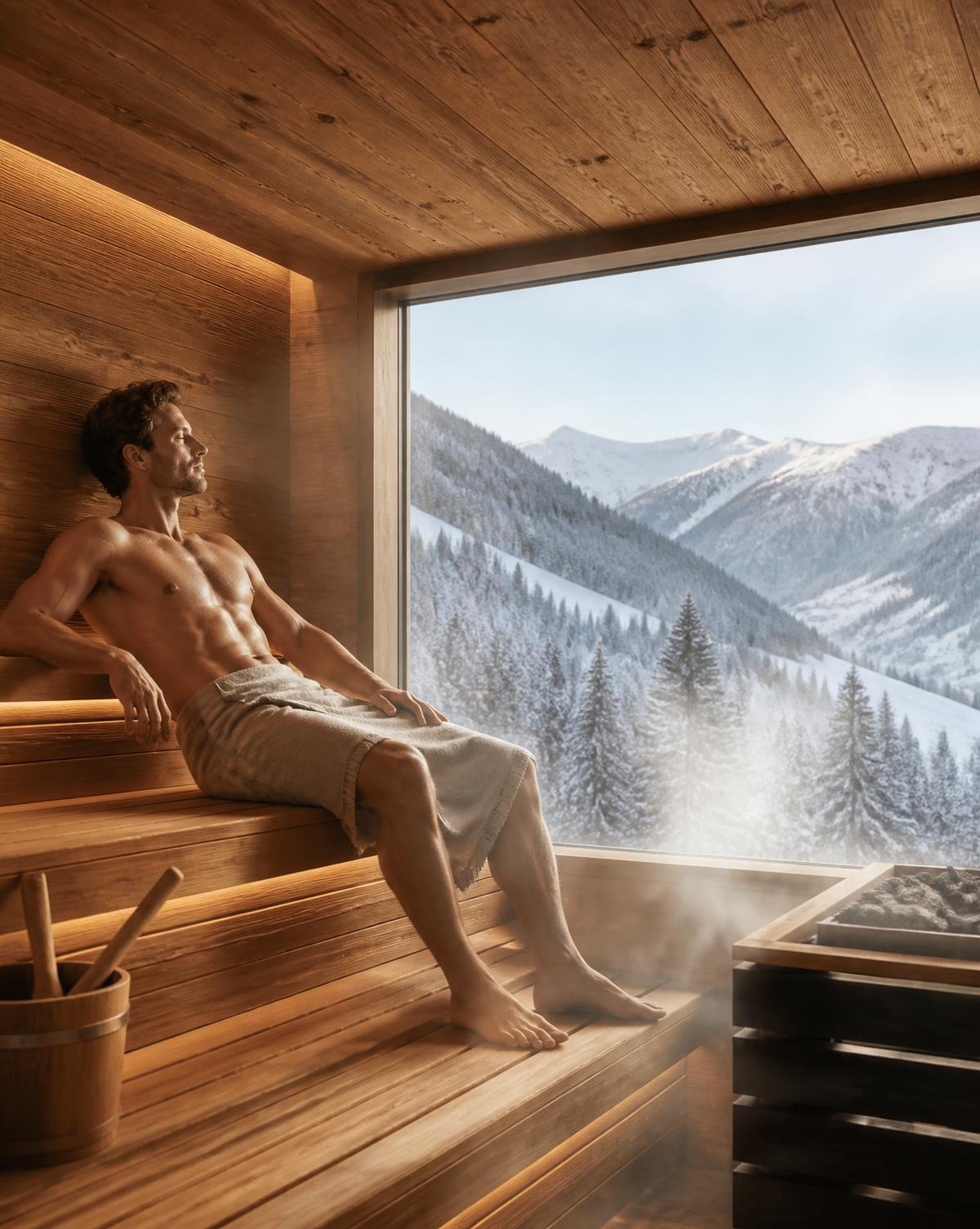 Hombre relajándose en una sauna frente a un paisaje nevado