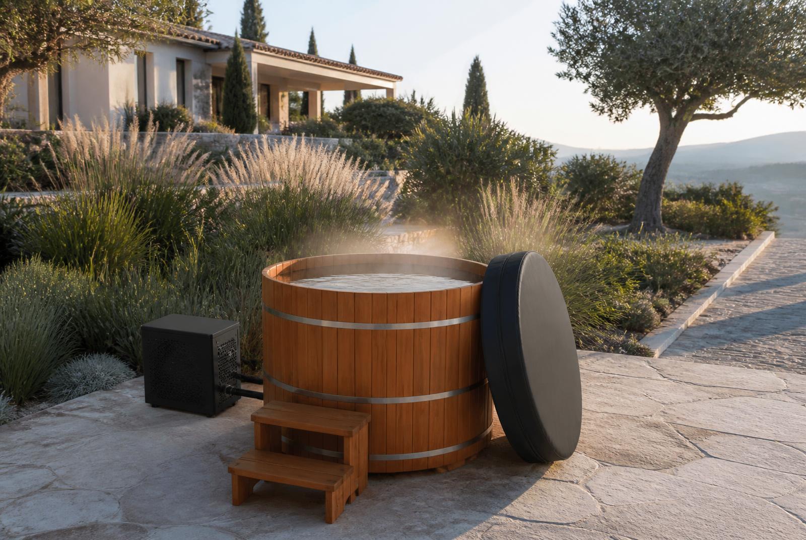 Baño frío de madera con enfriador en un jardín mediterráneo